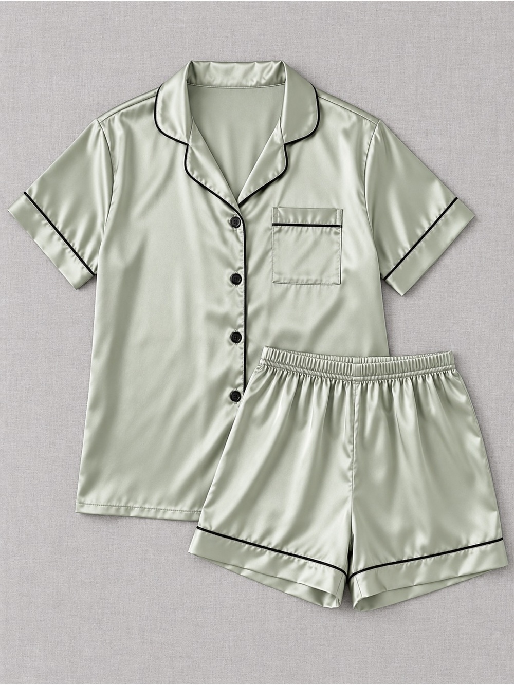 Satin Short Sleeve Pajama Set in Sage with Black Piping